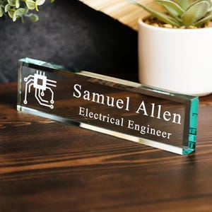 Engineer- CHOOSE your icon - Glass Office Desk Name Plate, mechanical, civil, electrical, industrial, software, chemical,  gift ideas
