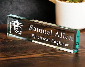 Engineer- CHOOSE your icon - Glass Office Desk Name Plate, mechanical, civil, electrical, industrial, software, chemical,  gift ideas