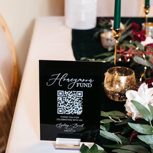Scannable Honeymoon Wedding Fund QR Code Clear, Black, White or FROSTED Sign, Venmo Cashapp Modern Minimalist Wedding Cash Gift Acrylic Sign image 4