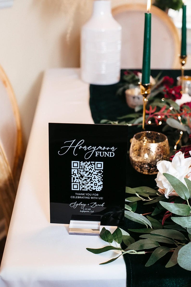 Scannable Honeymoon Wedding Fund QR Code Clear, Black, White or FROSTED Sign, Venmo Cashapp Modern Minimalist Wedding Cash Gift Acrylic Sign image 4