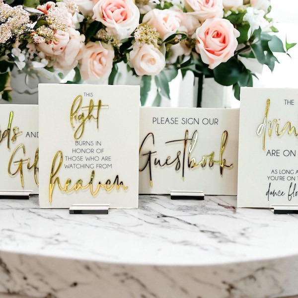 3D 8x10 Sign Bundle of Guestbook, Gifts and Cards, In Loving Memory, Please Take One Clear Glass Acrylic Modern Calligraphy Wedding Sign