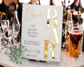 3D Mirror Gold Foil Open Bar Menu Signature Cocktails Custom Minimalist Acrylic Wedding Sign, Drinks on Us Hangover On You Signage