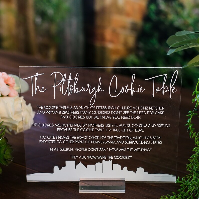 Pittsburgh Cookie Table Tradition Favors Clear Glass Look Acrylic Wedding Sign All of Yinz Skyline Lucite Perspex Cookies Table Sign image 3