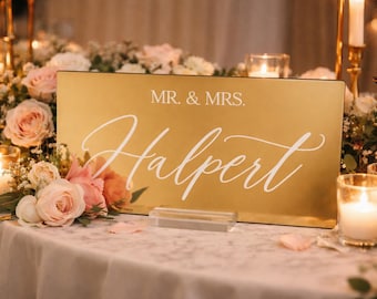 Acrylic Gold Mirror Mr Mrs Wedding Head Table Sign, Last Name Bride Groom Newlywed Sweetheart Table Signage