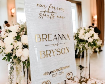 3D White PEARL Shimmer and GOLD Mirror Welcome To The Wedding Of Acrylic Sign, Personalized Modern Names And Date Event Signage