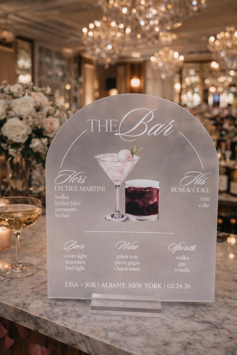 Wedding Cocktail Bar Menu Sign – Acrylic Reception Beverage Display with Signature His Her Drinks image 4