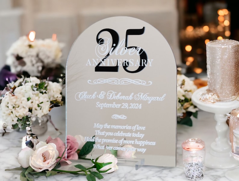 ARCH 25th Silver Mirror Wedding Anniversary Sign Personalized Gift Plaque For Spouse, Twenty Fifth Party Gift For Couples