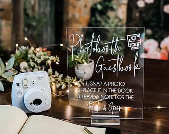 Photobooth Guestbook Snap It Stick It Sign It Clear Glass Look Acrylic Wedding Sign, Photo Booth Station Guest Book Lucite Table