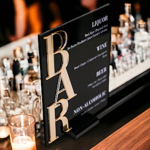 3D Mirror Gold Foil Open Bar Menu Signature Cocktails Custom Minimalist Acrylic Wedding Sign, His Her Drinks Lucite Perspex Table Signage