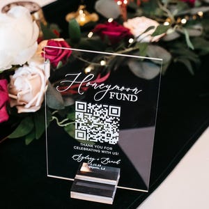 Scannable Honeymoon Wedding Fund QR Code Clear, Black, White or FROSTED Sign, Venmo Cashapp Modern Minimalist Wedding Cash Gift Acrylic Sign image 1