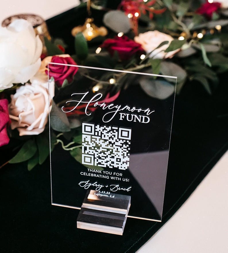 Scannable Honeymoon Wedding Fund QR Code Clear, Black, White or FROSTED Sign, Venmo Cashapp Modern Minimalist Wedding Cash Gift Acrylic Sign image 1