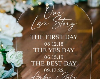 ARCH Our Love Story First Day Yes Day Best Day Clear Glass Look Acrylic Wedding Sign, Sweetheart Table Lucite Table Sign