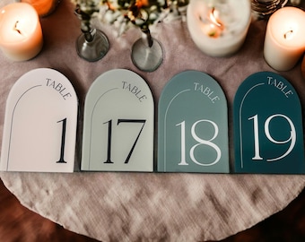 Könnte beinhalten: Vier bogenförmige Tischnummernschilder aus Acryl in verschiedenen Blau- und Weißtönen. Jedes Schild zeigt das Wort TABLE und eine große Ziffer, konkret 1, 17, 18 und 19, gedruckt in einer klaren Schrift mit einem dünnen, bogenförmigen Akzent.