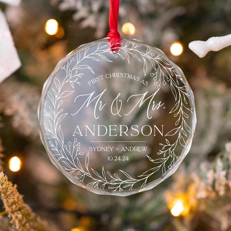 Personalized Our First Christmas As Mr And Mrs Married Ornament, Custom Beveled Crystal Glass Ornament, 2024 Newlyweds Wedding Gift