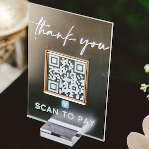 3D Thank You Scan To Pay Retail Scannable QR Code Clear Glass Look Acrylic Sign, Instagram Hashtag Plexiglass Perspex Lucite Table Sign