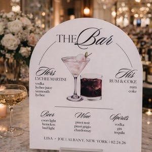 Wedding Cocktail Bar Menu Sign – Acrylic Reception Beverage Display with Signature His Her Drinks