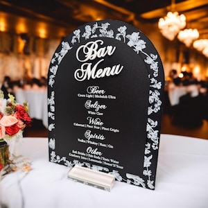 3D ARCH Blaue Toile Blumen Chinoiserie Brautdusche oder Hochzeitsempfänge Signature Cocktail Zeichen, Luxus Elegant Französisch Blau Bar Menü Dekor