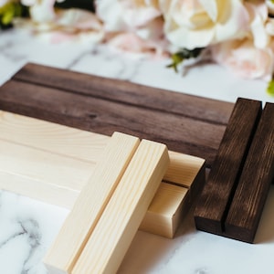 Light and Dark Walnut Wood Sign Card Display Base Holders, Stands for Acrylic Wedding Signs Sign Holders, Acrylic Place Card Table Number
