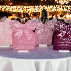 Custom Bow Toile Wedding Color Palette Acrylic Sign Bundle of Guestbook, Gifts and Cards, In Loving Memory Favors Open Bar Signage Set