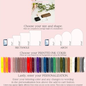 The image is a promotional poster for a customizable stand selection service. It features a visual representation of a stand and a color swatch for choosing the printed ink color. The text provides instructions on how to order a stand, including selecting the size and shape, choosing the printed ink color, and personalizing the order. The image also includes a warning that Proofs are not sent unless requested in the box.