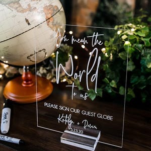 You Mean The World To Us Please Sign Our Guest Globe Clear Glass Look Acrylic Wedding Sign, Plexiglass Perspex Lucite Table Sign,