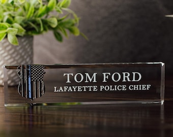 Police Officer Glass Office Desk Name Plate, Clear Chief of Police Nameplate, Detective Appreciation Gift, Police Academy Graduation