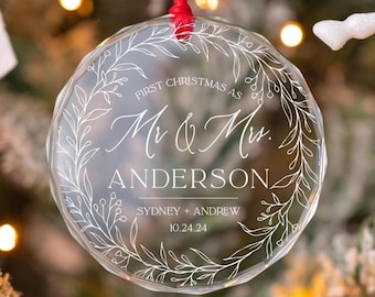 Personalized Our First Christmas As Mr And Mrs Married Ornament, Custom Beveled Crystal Glass Ornament, 2024 Newlyweds Wedding Gift