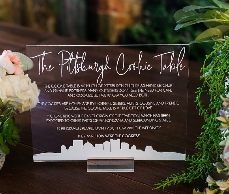 Pittsburgh Cookie Table Tradition Favors Clear Glass Look Acrylic Wedding Sign All of Yinz Skyline Lucite Perspex Cookies Table Sign image 4