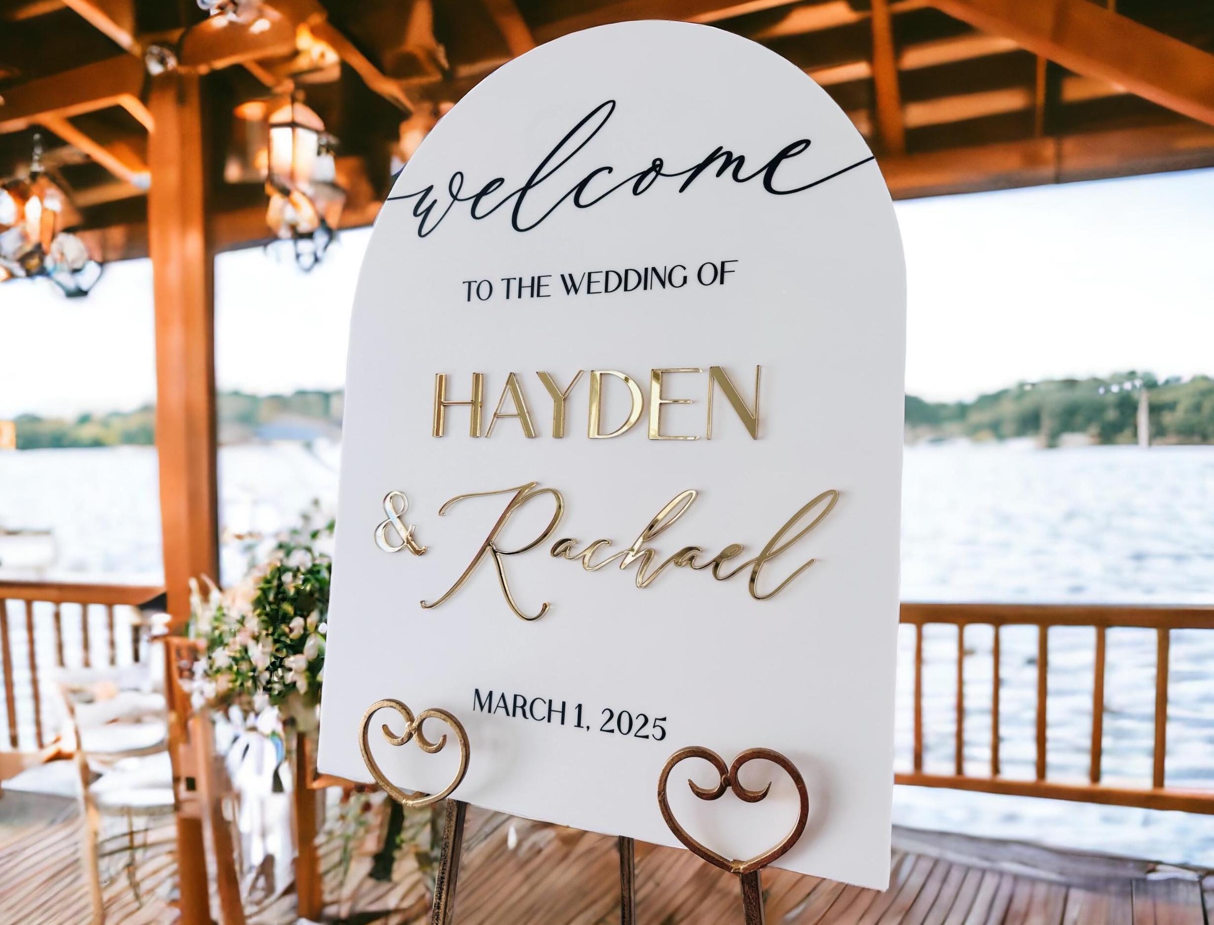 ARCH 3D Welcome To The Wedding Of Acrylic Sign With Names + Date, Personalized Modern Laser Frosted Gold  Signage