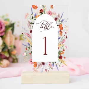 Wildflower Acrylic Table Number Sign With Stands, Garden Wedding Perspex Modern Floral Table Numbers, Bridal Shower Tea Party