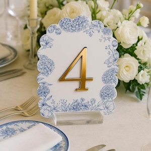 Toile Chinoiserie French Blue Scallop Arch Wedding Table Numbers, Elegant Reception Centerpiece Decor, Vintage Floral Table Signs