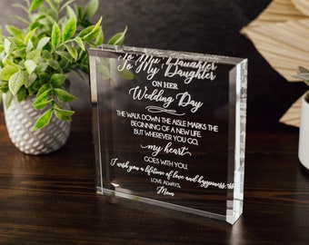 Wedding Day Crystal Glass Plaque, for Daughter, Daughter-in-Law, Love Always Mom, From Mom on Your Special Day, To Our Daughter From Dad