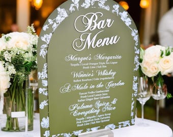 3D ARCH Olive Toile Floral Chinoiserie Bridal Shower or Wedding Reception Signature Cocktail Sign, Luxury Elegant French Blue Bar Menu Decor