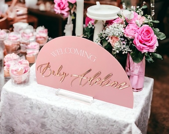 3D Mirrored Acrylic Arch Baby Shower Welcoming Baby Sign, Laser Cut Newborn Party Signage, New Boy or Girl Dusty Blue or Rose Shower Decor