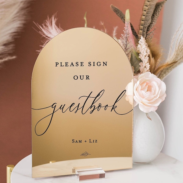 ARCH Gold Silver or Rose Gold Mirror Please Sign Our Guestbook Personalized Acrylic Wedding Reception Party Decor Guest Book Sign