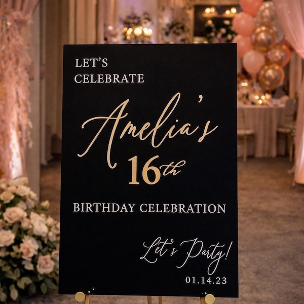 3D Gold Mirror Happy Birthday Acrylic Welcome Sign, Let's Party Sweet Sixteen Milestone Signage, 16th 18th 20th 30th 40th 50th 60th