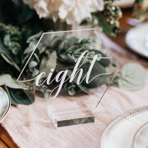 HEXAGON Acrylic Table Number Signs With Stands, Perspex Modern Calligraphy, Lucite Minimalist or Clear Glass Look Centerpiece, HEX-SCRIPT