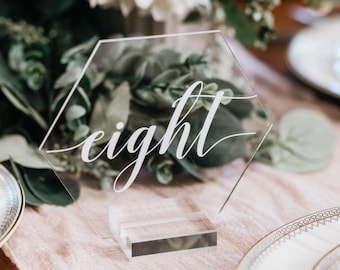 HEXAGON Acrylic Table Number Signs With Stands, Perspex Modern Calligraphy, Lucite Minimalist or Clear Glass Look Centerpiece, HEX-SCRIPT
