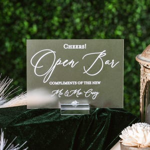 Open Bar Tonight&#39;s Drink Free Tomorrow&#39;s Memories Priceless Clear Glass Look Acrylic Wedding Sign, Drinks and Bar Lucite Table Sign