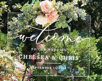 Clear, Frosted, Black or White Wedding Acrylic Welcome Sign, Personalized Modern Lucite Perspex Large Names and Date Sign