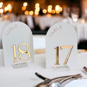 3D ARCH Acrylic White, Blush, Dusty Blue and Gold Table Number Sign With Stands, Perspex Lucite Modern Calligraphy Wedding Table No. image 2