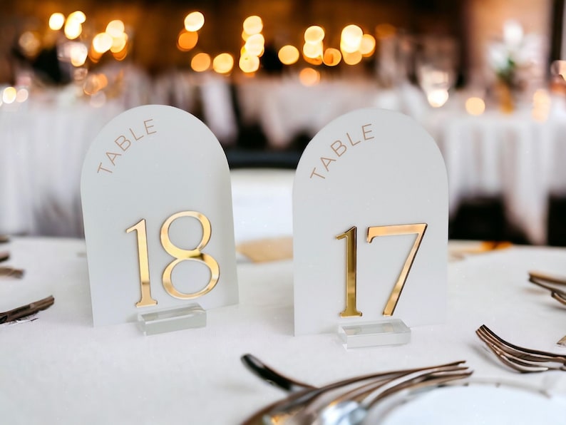 3D ARCH Acrylic White, Blush, Dusty Blue and Gold Table Number Sign With Stands, Perspex Lucite Modern Calligraphy Wedding Table No. image 2