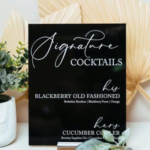 Bar Menu Signature Cocktails Custom Clear Glass Look Acrylic Wedding Sign With Stand, His Her Drinks Lucite Perspex Bar Table Sign