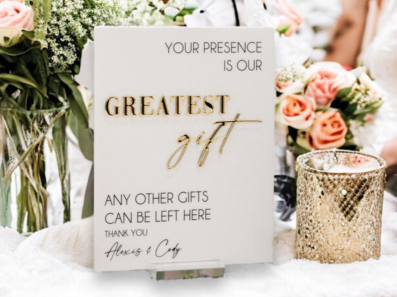 3D Mirror Your Presence Is Our Greatest Gift, Any Other Gifts Can Be Left Here Acrylic Wedding Sign, Cards Perspex Table Gift Table Signage