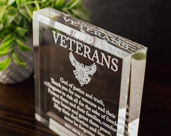 Prayer For Veterans Crystal Glass Plaque, Military Service Recognition, Retirement Plaque, Gift for Armed Forces, Appreciation Award