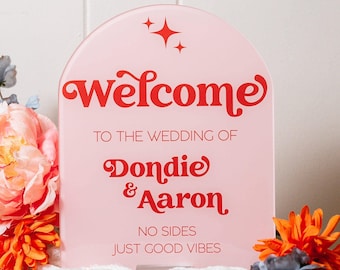 Vintage Retro 70s ARCH Wedding Sign, No Sides Just Good Vibes 60s Groovy Hippie Acrylic Welcome Lucite Perspex Signs, Boho Nostalgic
