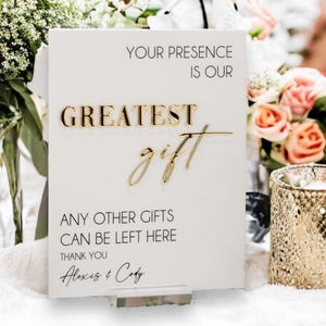 3D Mirror Your Presence Is Our Greatest Gift, Any Other Gifts Can Be Left Here Acrylic Wedding Sign, Cards Perspex Table Gift Table Signage