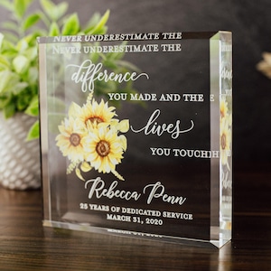 Sunflower Retirement Award Crystal Glass Plaque, Employee Recognition, Staff Present, The Difference You Made Trophy, Years Of Service Gift