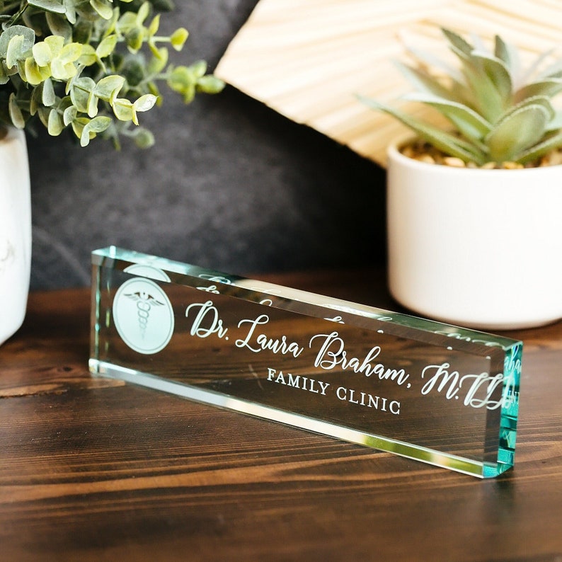 Physician MD Doctor Glass Office Desk Name Plate, Clear PA Surgeon Nameplate, Medical Practitioner Appreciation Gift, Med School Graduation image 1