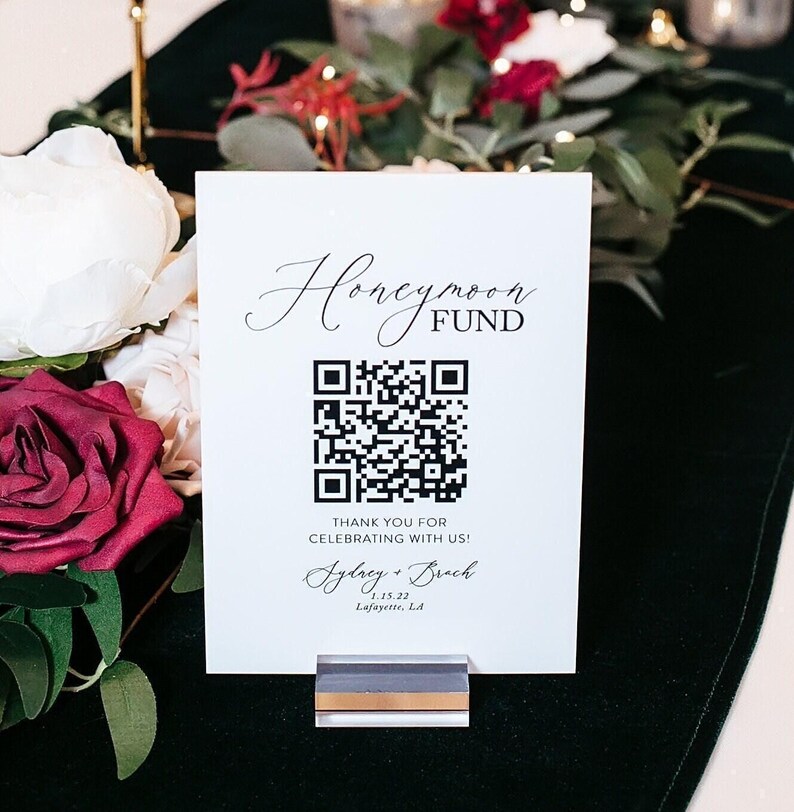 Scannable Honeymoon Wedding Fund QR Code Clear, Black, White or FROSTED Sign, Venmo Cashapp Modern Minimalist Wedding Cash Gift Acrylic Sign image 2